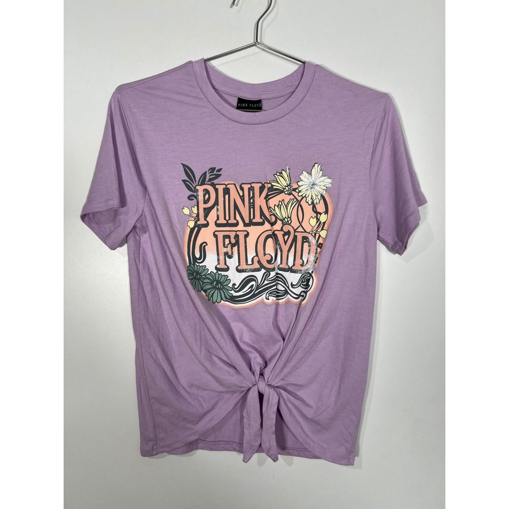 Pink Floyd Lavender Floral Graphic Front Tie Short Sleeve Band T-Shirt Small